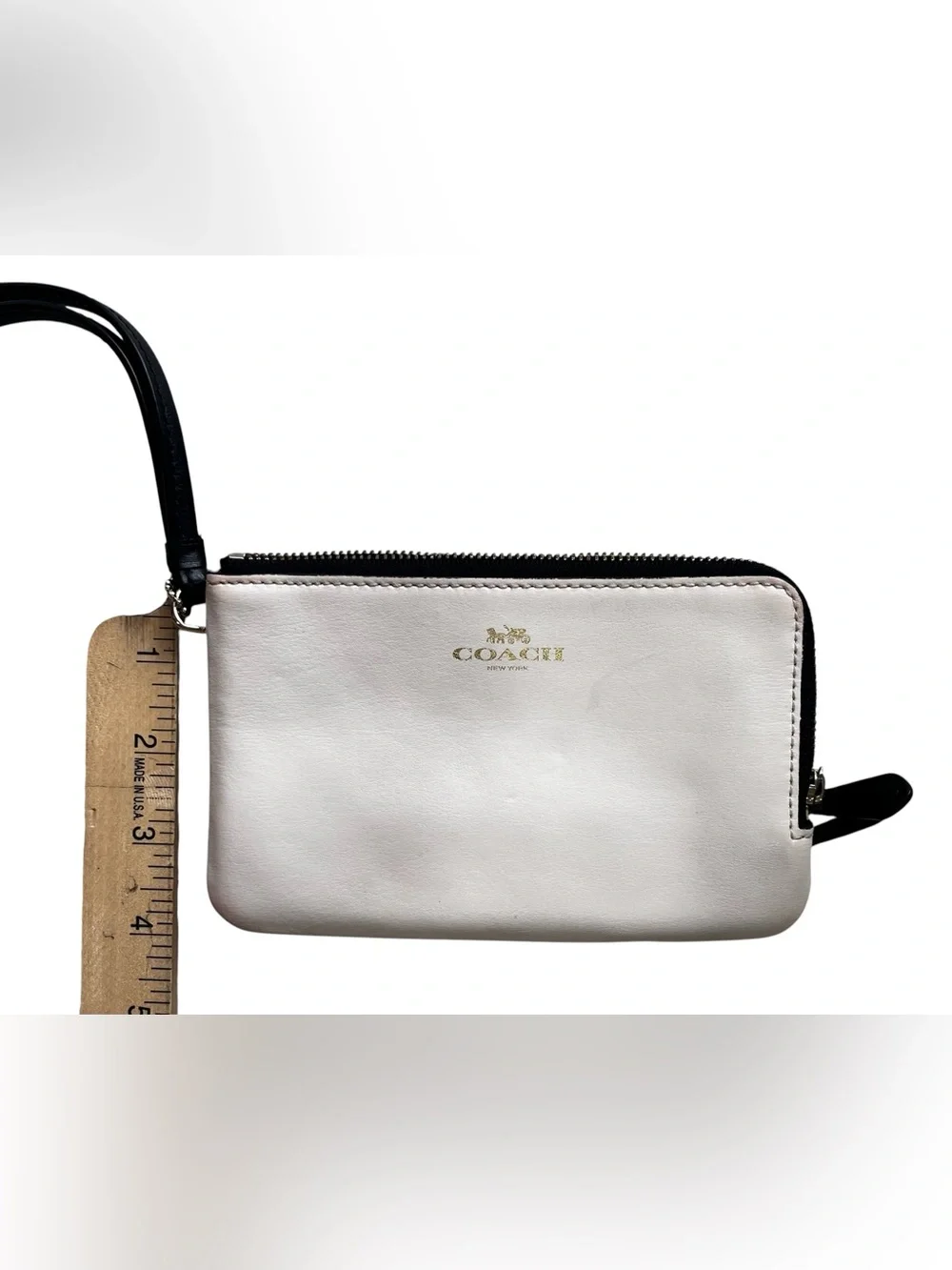 Coach Double Zip Wristlet Pouch White Leather & Signature Canvas Black Brown EUC